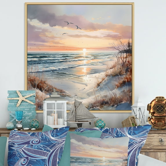 Designart "Winter'S Charming Beach Sunset II" Coastal Sunset Floater Framed Wall Art Living Room