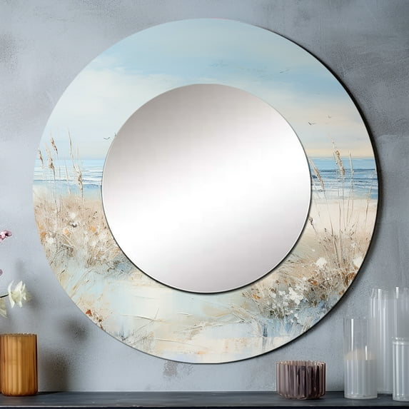 Designart "Winter'S Enchantment By The Coastal Ocean" Coastal Ocean Beige Large Round Mirror - Round Office Mirror Wall Decor - Coastal Round Printed Mirror - 29" x 29"