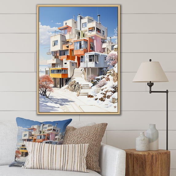 Designart "Winter'S Geometric Urban Design" Snow Floater Framed Canvas Wall Art