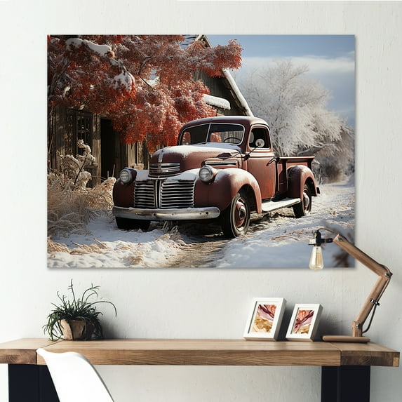 Designart "Winter'S Pickup Truck Charm" Truck Pickup Canvas Wall Art
