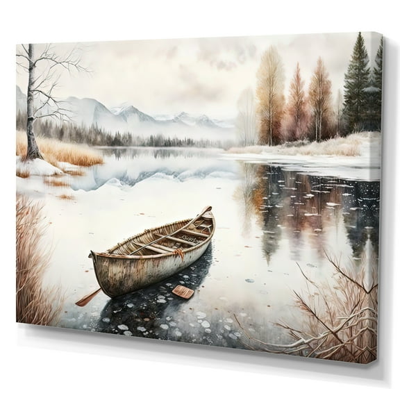 Designart Winter Scene With Canoe I Canvas Wall Art