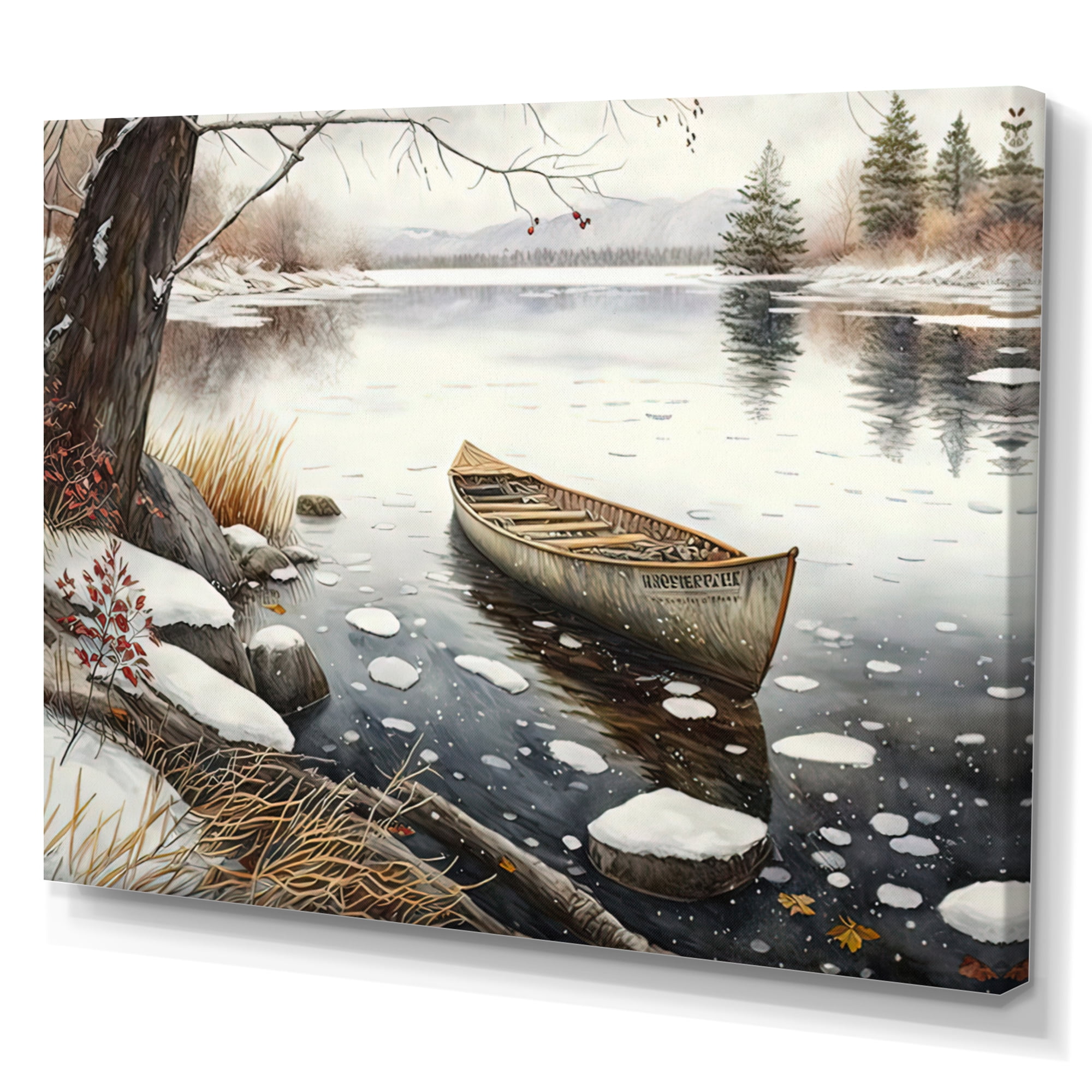 Designart Winter Scene With Canoe III Canvas Wall Art