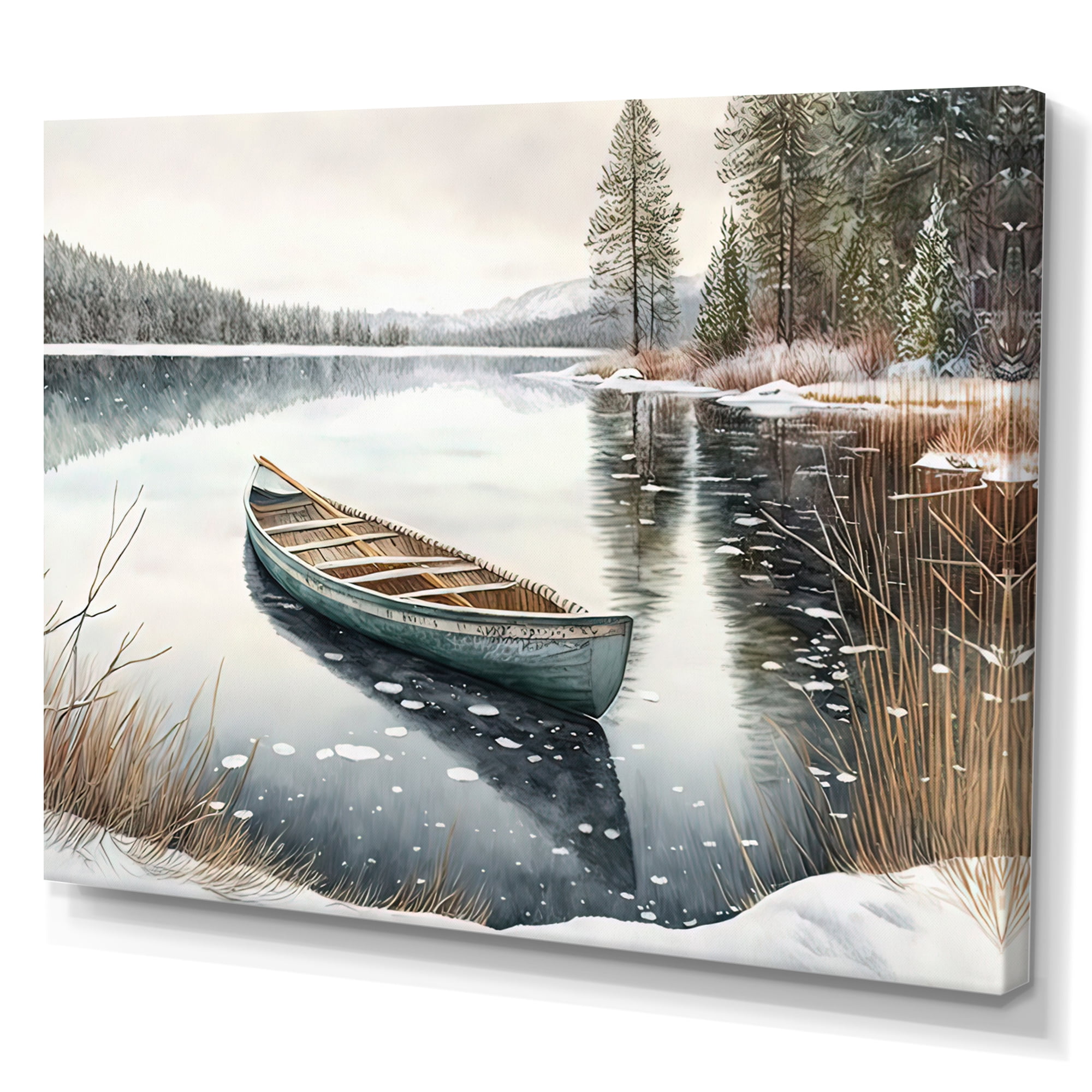Designart Winter Scene With Canoe IV Canvas Wall Art