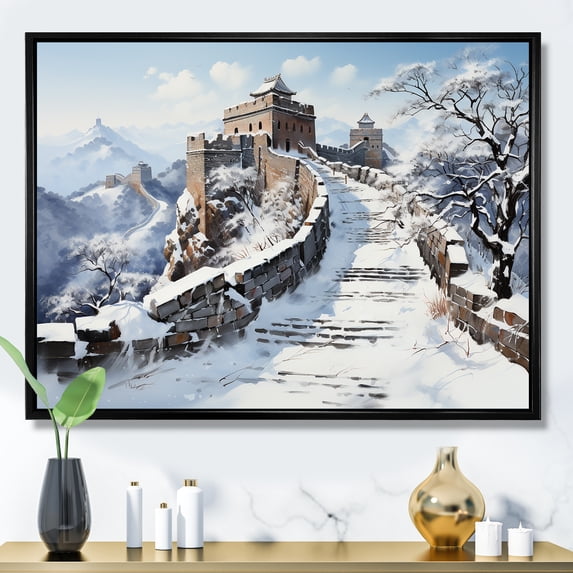 Designart "Winter Scene at Great Wall of China II" People Framed Wall Art - Global White China Art Living Room Framed Canvas Art