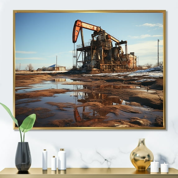 Designart "Winter Scenery Featuring Oil Drilling Rigs" Oil Rigs / Fields Floater Framed Canvas Prints