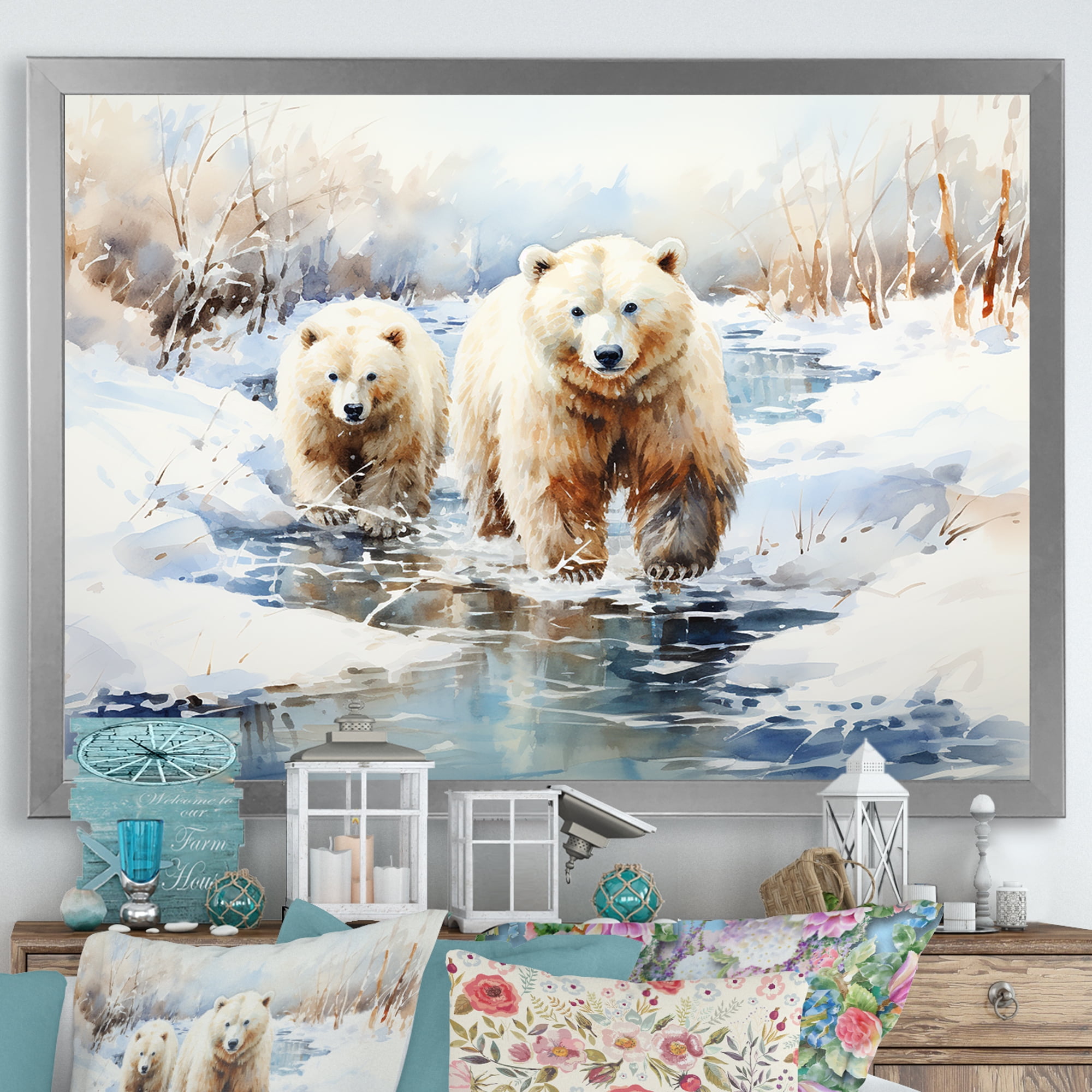 Winter Scenery Polar Bears in Snow Silver Framed Canvas Art