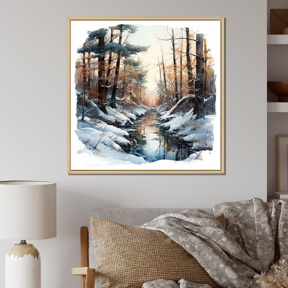 Designart "Winter Scenery: River In The Forest I" Forest Floater Framed Wall Art Living Room