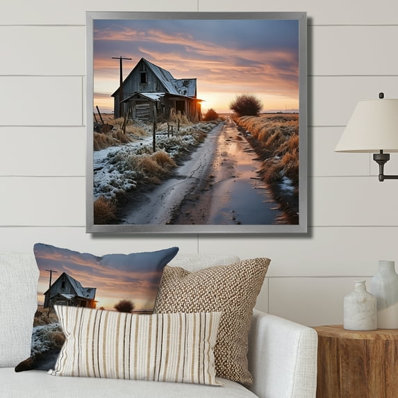Designart "Winter Scenery With Barns" Barns Picture Framed Wall Art Living Room