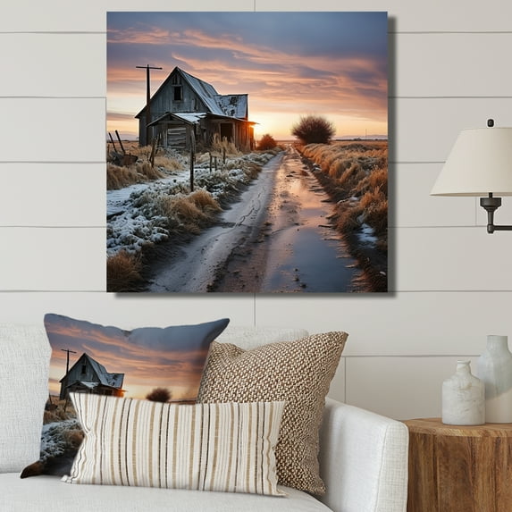 Designart "Winter Scenery With Barns" Barns Wall Art Living Room