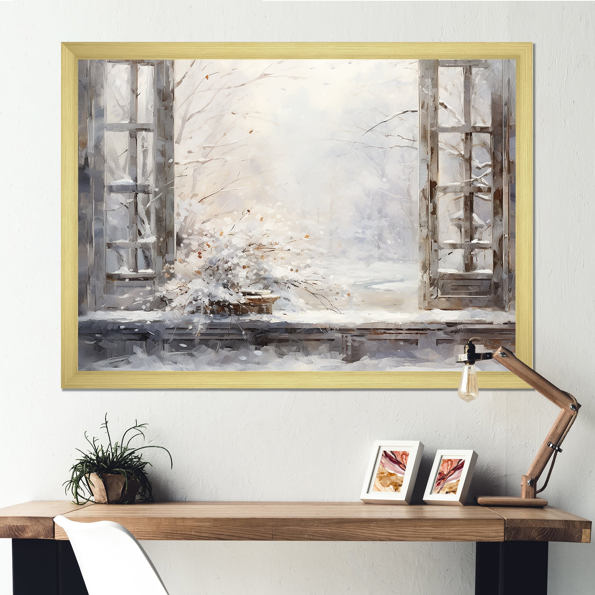 Designart "Winter Scenery by the Window with Snow II" Landscapes Framed