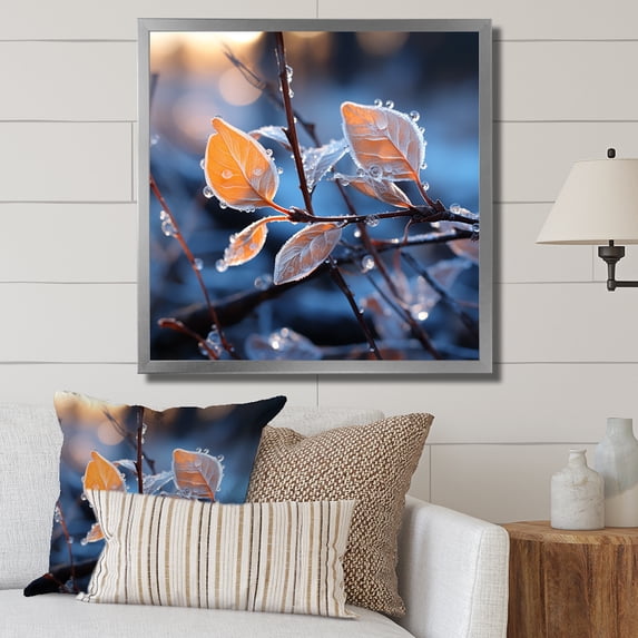 Designart "Winter Serenade with Frosted Leaves I" Food & Beverage Framed Wall Art Decor - Traditional Yellow Fruits Bedroom Framed Canvas Wall Art