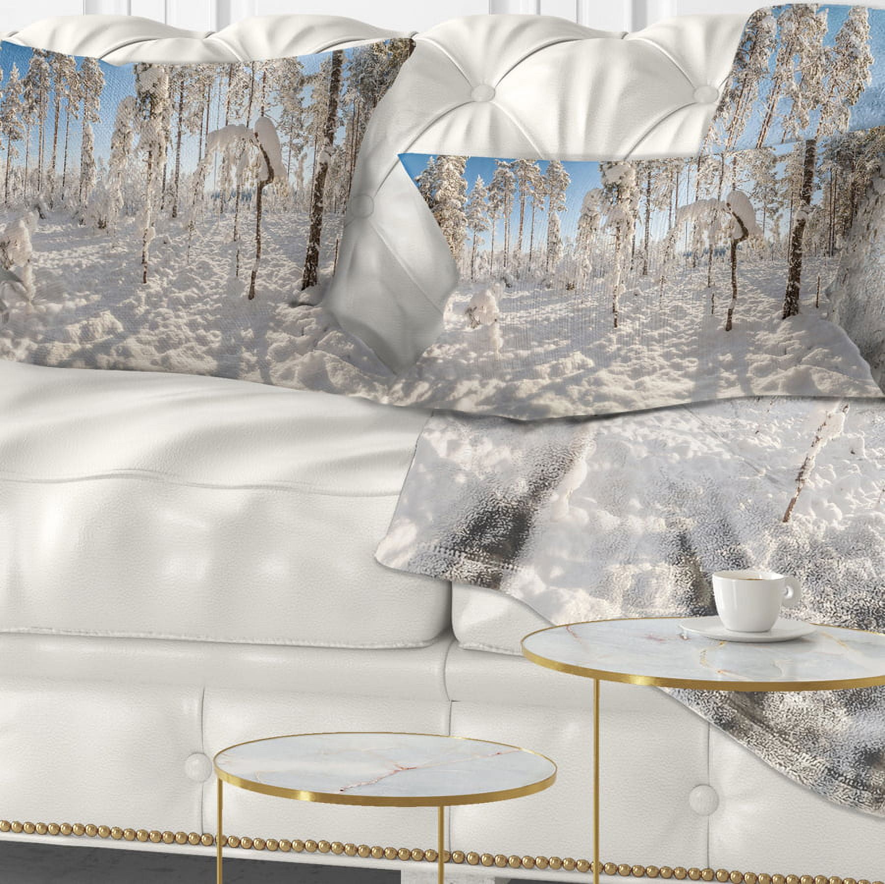 Designart Winter Snow Covered Wood - Landscape Printed Throw Pillow - 12x20
