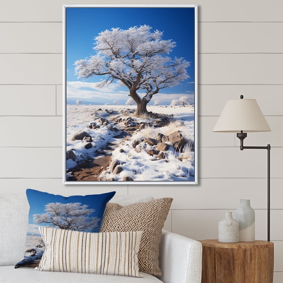 Designart "Winter Solitude Snowy Tree" Floral Floater Framed Canvas Print