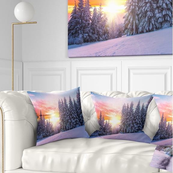 Designart Winter Sunset in Bulgaria - Landscape Photo Throw Pillow - 16x16