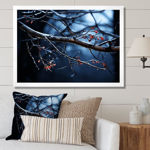 Designart "Winter Tree Canopy Lit by the Moon III" Landscapes Framed Wall Art Decor - Traditional Blue Winter Landscape Bedroom Framed Canvas Wall Art