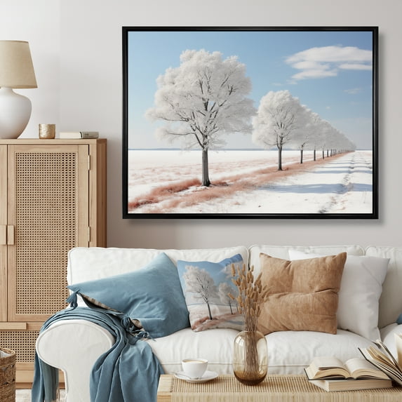 Designart "Winter Trees Grey and White Serenity II" Landscape Trees Floater Framed Canvas Print