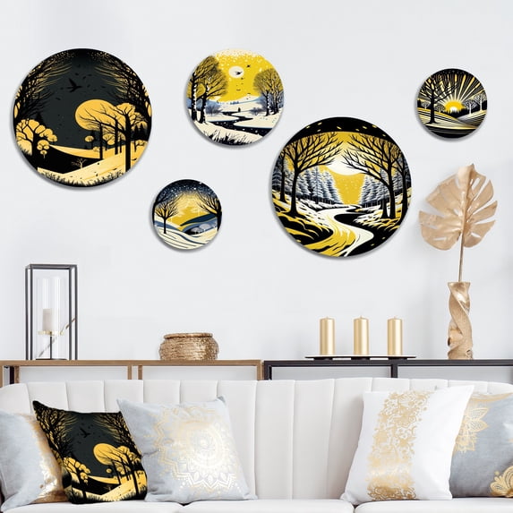 Designart "Winter Trees In The Snow Mountain Forest VI" Landscape Forest Metal Wall Art Set of 5 Piece