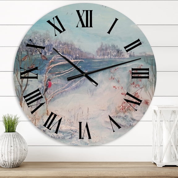 Designart 'Winter Trees River And Birds' Lake House Wall Clock