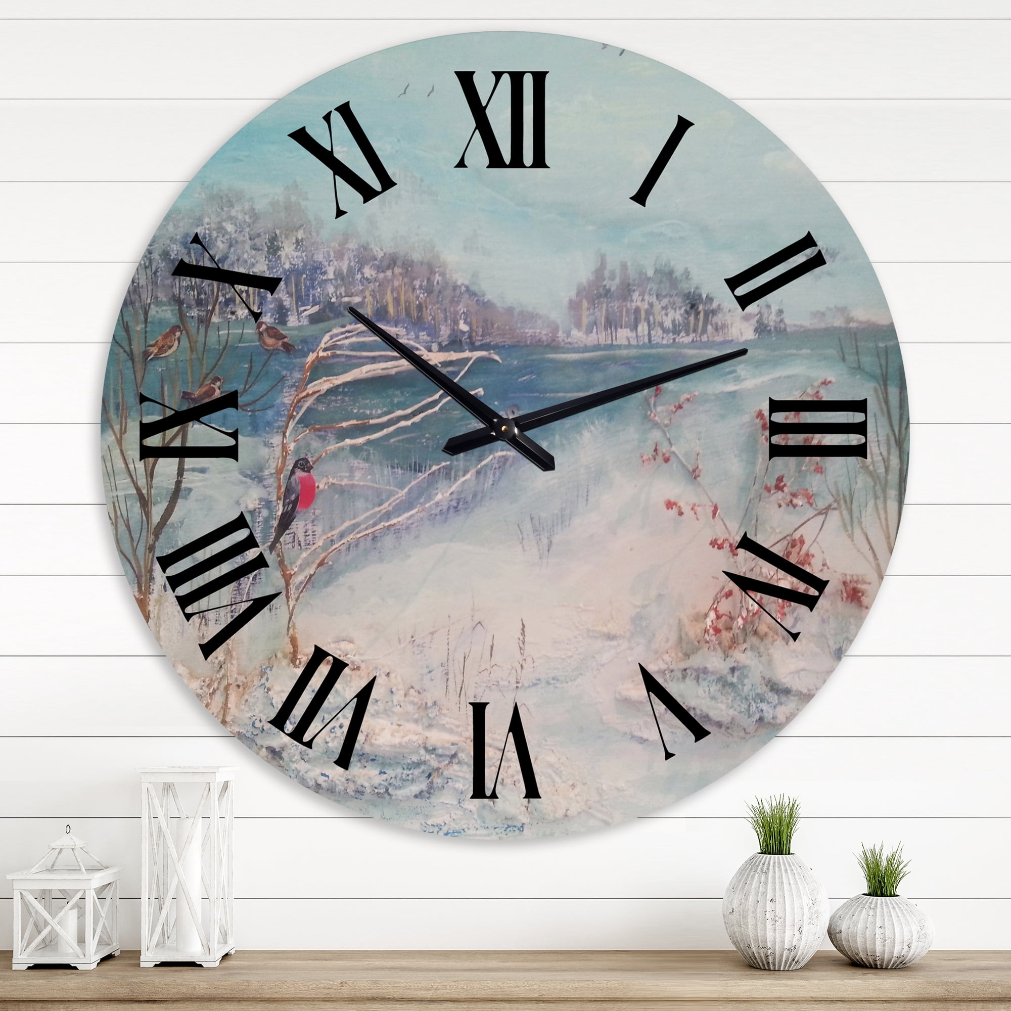 Designart 'Winter Trees River And Birds' Lake House Wall Clock