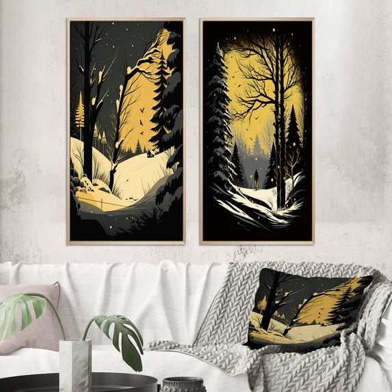 Designart "Winter Trees in Snowy Mountain Forest I" Landscape Forest Framed Wall Art Set Of 2 - Country Yellow Framed Canvas Set For Living Room Decor