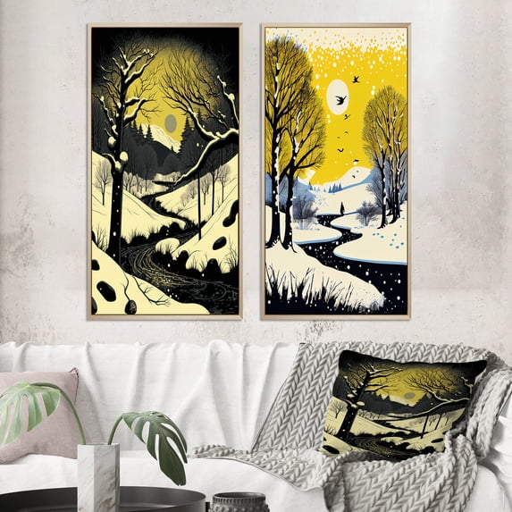 Designart "Winter Trees and Snowy Mountain River I" Landscape Forest Framed Wall Art Set Of 2 - Country Yellow Frame Gallery Set For Office Decor
