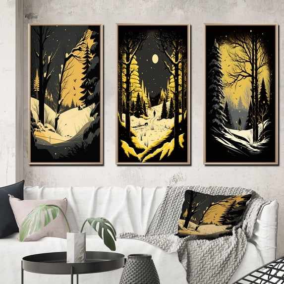 Designart "Winter Trees in Snowy Mountain Forest I" Landscape Forest Framed Wall Art Set Of 3 - Yellow Forest Frame Canvas Set For Living Room Decor