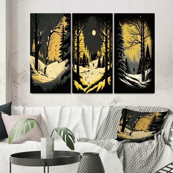 Designart "Winter Trees in Snowy Mountain Forest I" Landscape Forest Wall Art Set Of 3 - Forest Yellow Gallery Wall Set For Home Decor