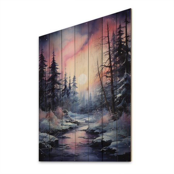 Designart "Winter Twilight Among Pine Trees I" Floral Print on Natural Pine Wood