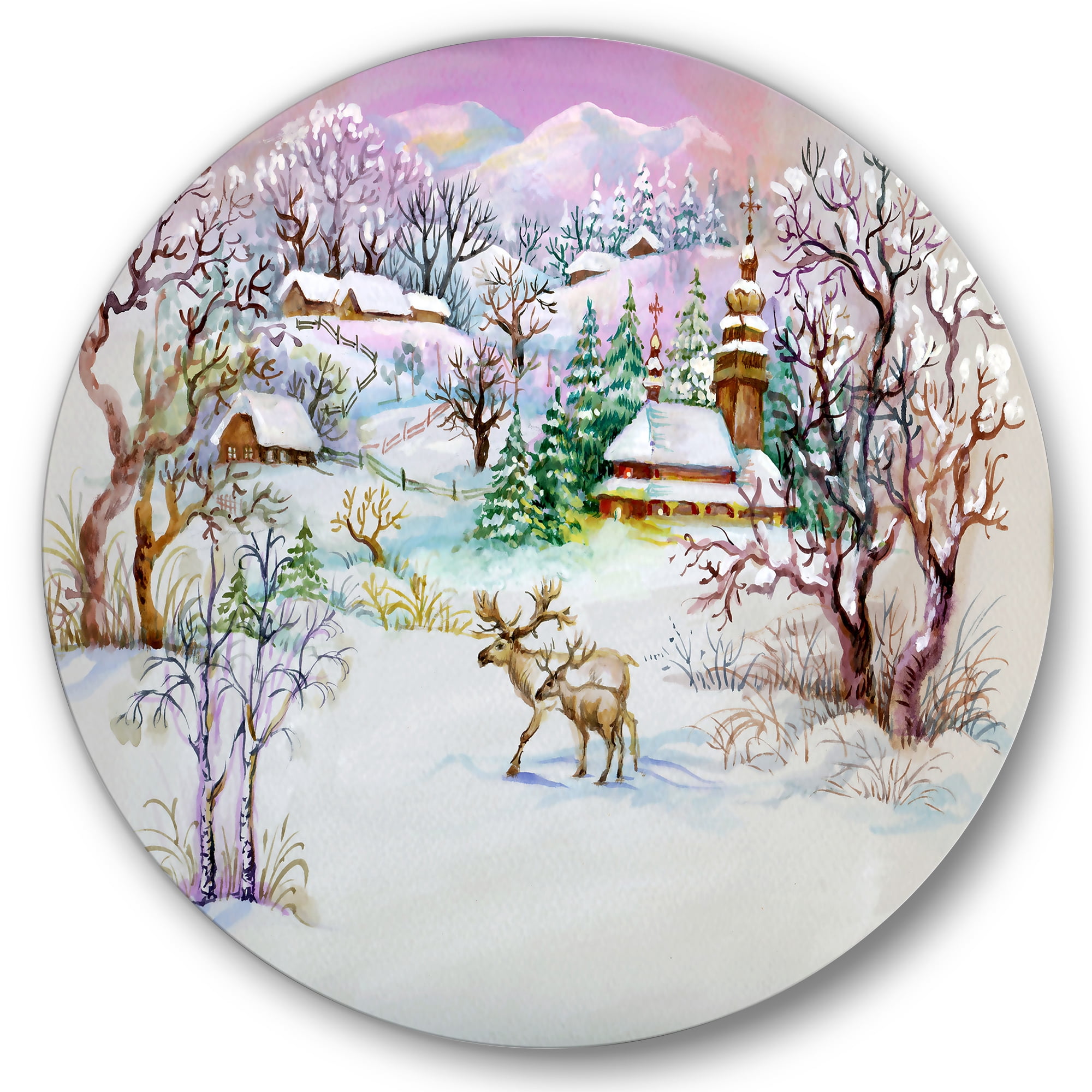 Designart 'Winter VIllage Life Landscape' Traditional Circle Metal Wall Art 29x29 - Disc of 29