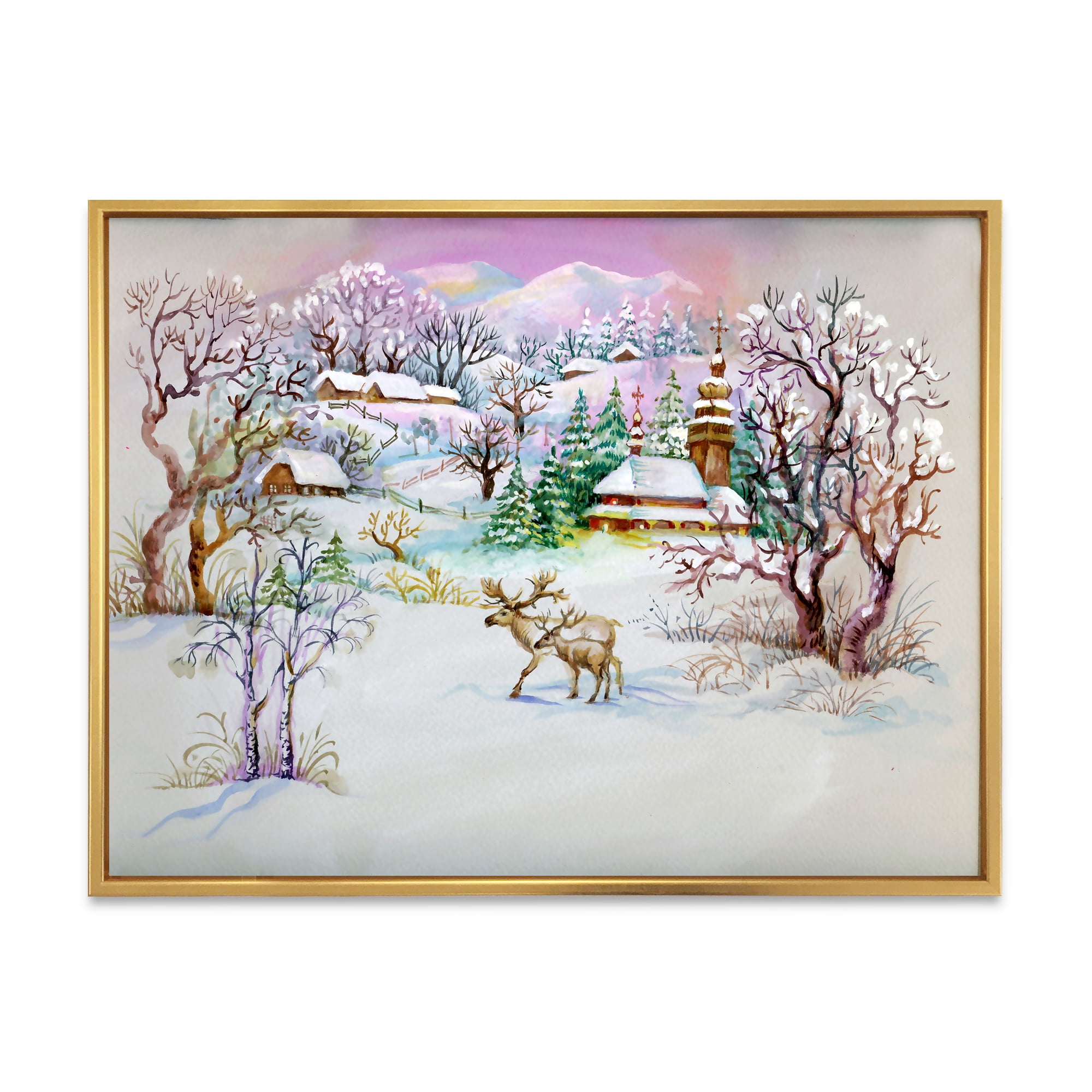 Designart 'Winter VIllage Life Landscape' Traditional Framed Canvas Wall Art Print