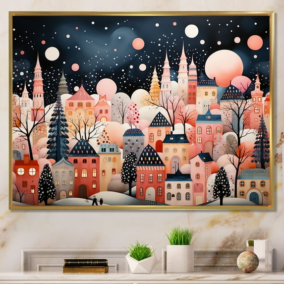 Designart "Winter Village Splendor Art Deco Painting I" Cityscapes Framed Wall Art - Industrial Pink City Art Deco Entryway Framed Wall Art Print