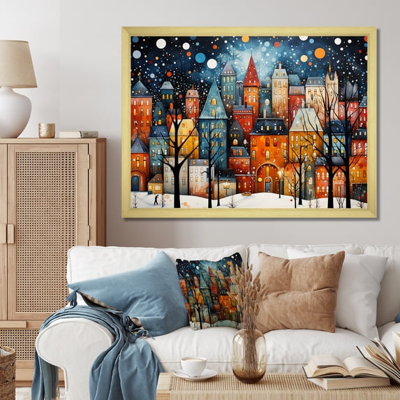 Designart "Winter Village Splendor Art Deco Painting II" Cityscapes Framed Wall Art Decor - Industrial Colorful City Art Deco Entryway Framed Wall Art Print