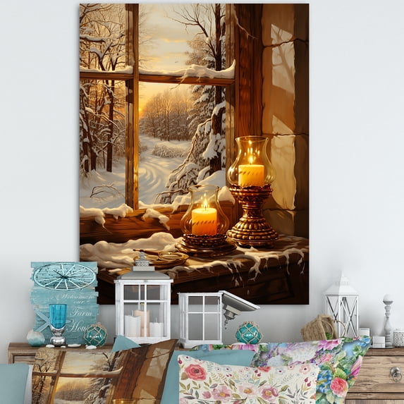 Designart "Winter Window View with Christmas Vibes II" Landscapes Canvas Wall Art - Traditional Yellow Winter Landscape Living Room Canvas Art