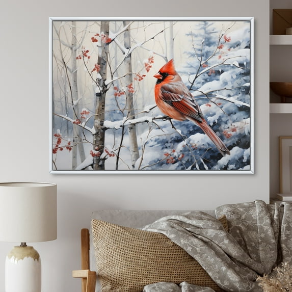 Designart "Winter Wonderland Cardinal Red Bird in Canada I" Animals Floater Framed Canvas Wall Art