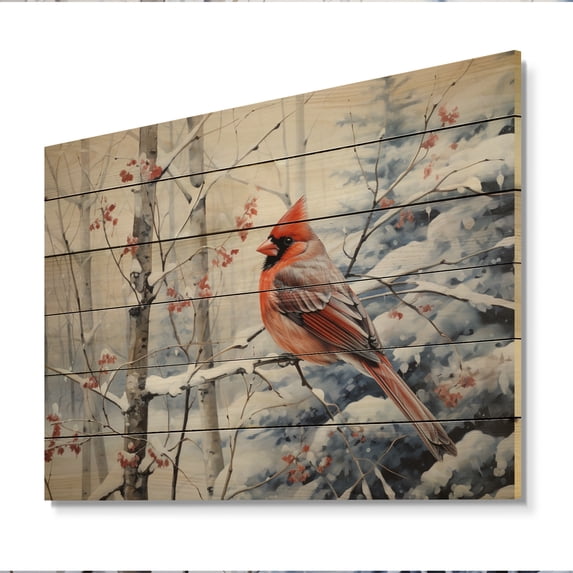 Designart "Winter Wonderland Cardinal Red Bird in Canada I" Animals Print on Natural Pine Wood