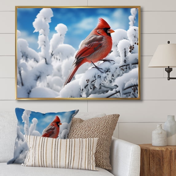 Designart "Winter Wonderland Cardinal Red Bird in Canada II" Animals Floater Framed Canvas Print