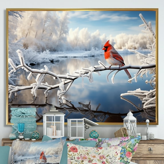 Designart "Winter Wonderland Cardinal Red Bird in Canada III" Animals Floater Framed Wall Decor