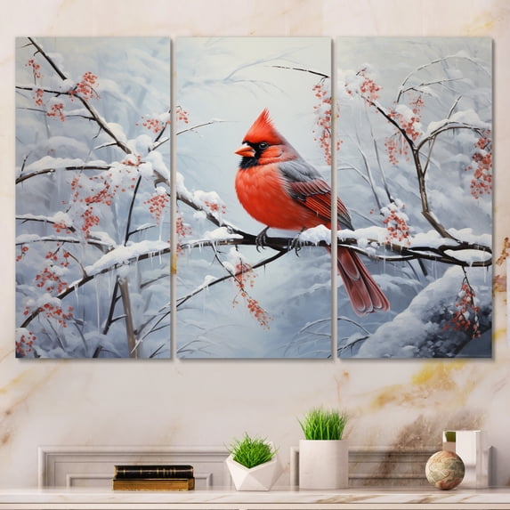 Designart "Winter Wonderland Cardinal Red Bird in Canada IV" Animals Wall Art Prints Set