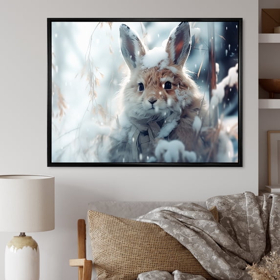 Designart "Winter Wonderland Frosty Bunny Scenery" Landscapes Framed Wall Art - Traditional Brown Winter Landscape Entryway Framed Wall Art Print