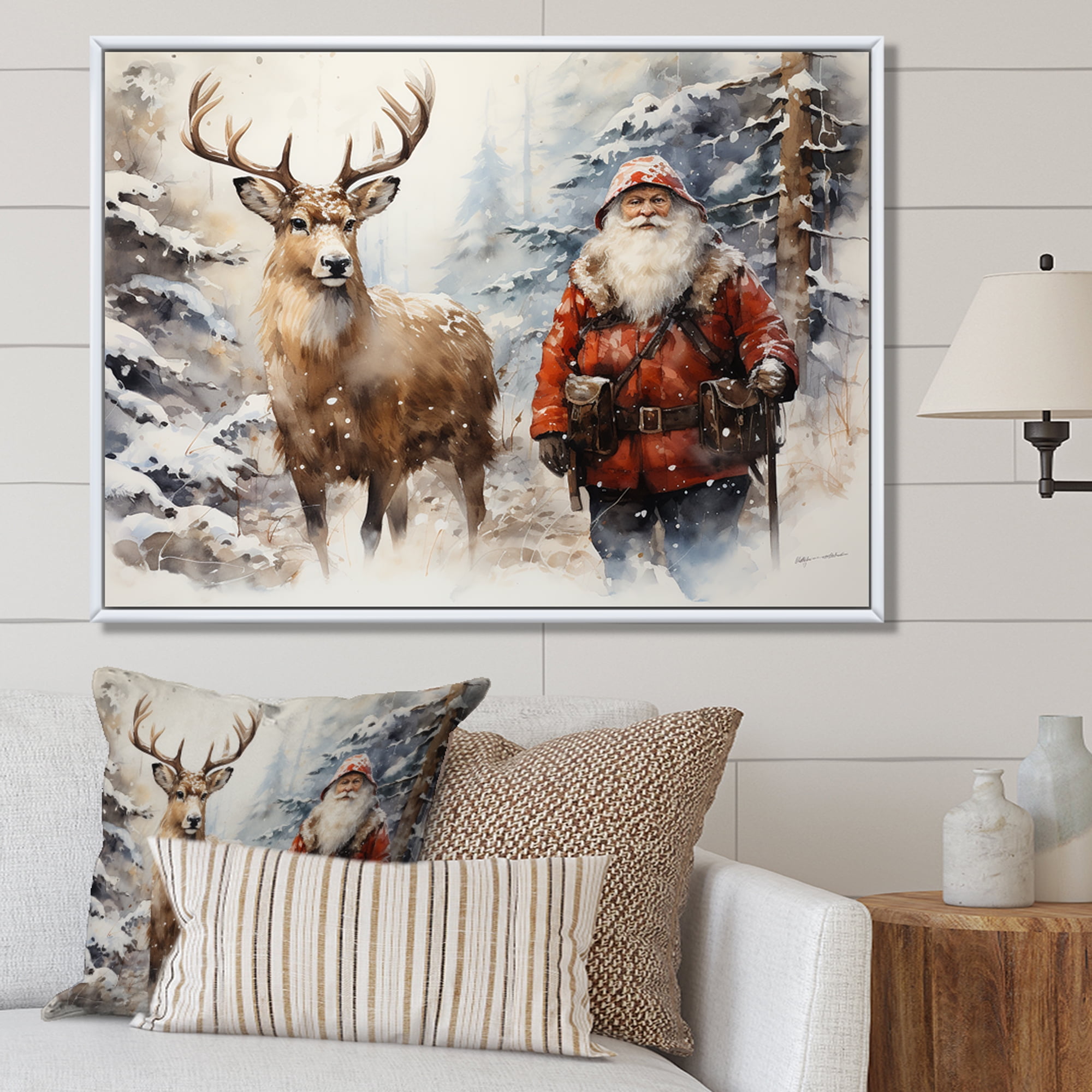 Designart "Winter Wonderland Santa and His Deer" Animals Framed Wall
