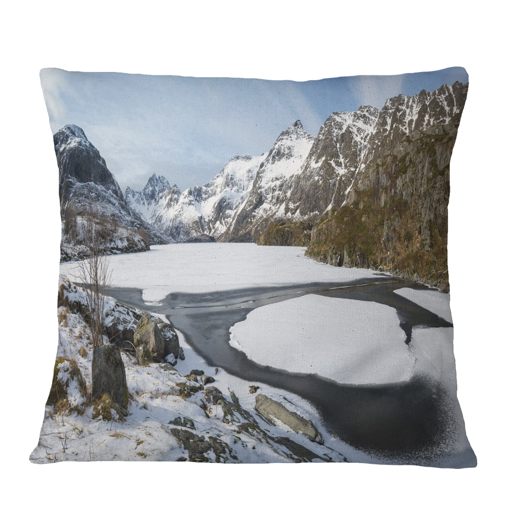 Designart Winter in Lofoten Islands - Landscape Printed Throw Pillow - 18x18