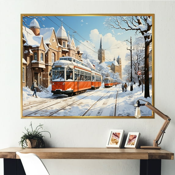 Designart "Winter in Toronto City II" Cityscapes Framed Wall Art - Industrial Orange Toronto Hallway Framed Wall Art Decor