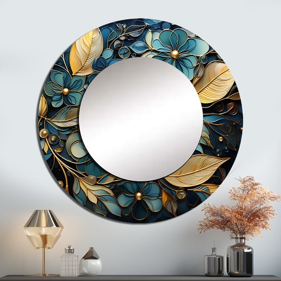 Designart "Winter's Charm in Gold Leaves I" Leaves Gold Large Round Mirror - Round Bedroom Mirror Wall Decor - Traditional Round Printed Mirror - 23" x 23"
