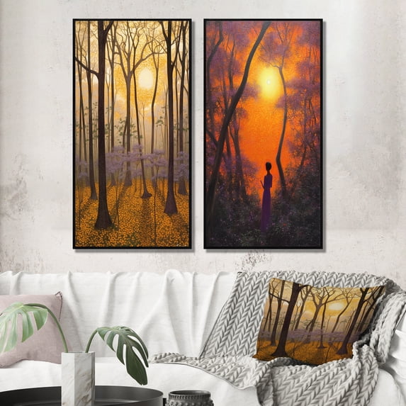 Designart "Winter's Glow Through Branches" Forest Framed Wall Art Set Of 2 - Traditional Yellow Framed Wall Art Set Of 2