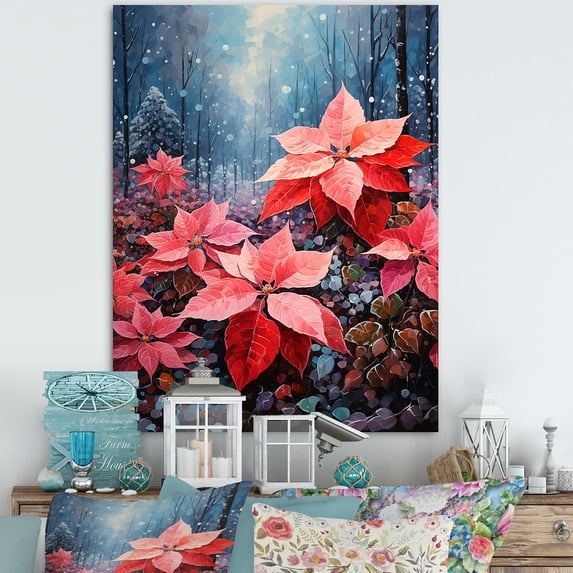 Designart "Winter s Red and Blue Poinsettias II" Floral & Botanical Canvas Wall Art