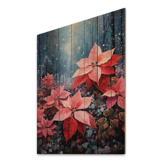Designart "Winter s Red and Blue Poinsettias II" Floral & Botanical Print on Natural Pine Wood