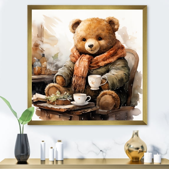 Designart "Wintertime Teddy Bear Nursery II" People Framed Wall Art Decor - Farmhouse Red Nursery Teddy Bear Living Room Framed Canvas Art
