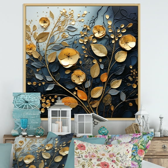 Designart "Wintery Charm Of Black And Gold Leaves I" Leaves Floater Framed Wall Art Prints