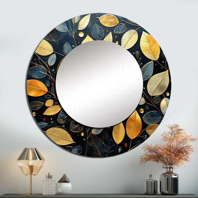 Designart "Wintery Charm Of Black And Gold Leaves" Leaves Round Mirror Wall Decor Traditional ...