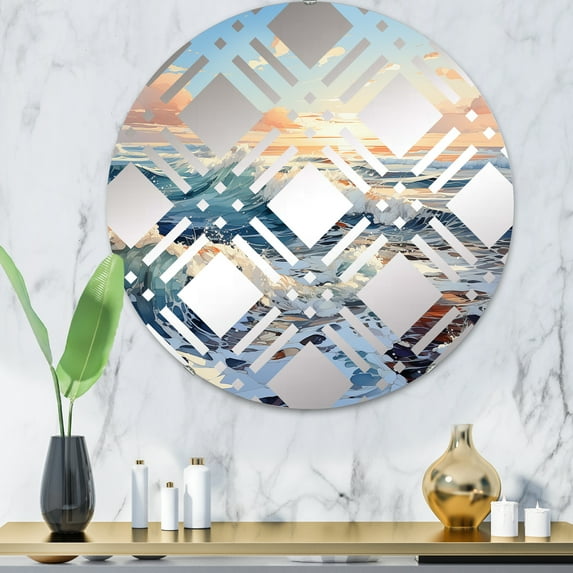Designart "Wintery Scenery of the Ocean I" Ocean Plaid Round Wall Mirror - Coastal Oval Printed Decorative Mirror - Multiple Color Options